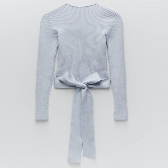 Zara Ribbed Wrap Front Long Sleeve Knit Cardigan Blue Size Small b21E - Picture 4 of 7